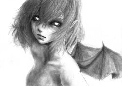Rule 34 | 1girl, black sclera, closed mouth, colored sclera, commentary request, graphite (medium), greyscale, hane (azelye), looking at viewer, monochrome, nude, pointy ears, remilia scarlet, short hair, simple background, solo, touhou, traditional media, upper body, vampire, white background, wings