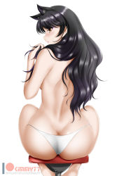 Rule 34 | 1girl, animal ears, ass, bare back, bikini, bikini bottom only, black hair, blake belladonna, breasts, butt crack, cat ears, eyeshadow, from behind, highres, kimmy77, long hair, looking at viewer, looking back, makeup, open mouth, rwby, shiny skin, sideboob, simple background, sitting, skindentation, solo, swimsuit, topless, white background, white bikini, yellow eyes