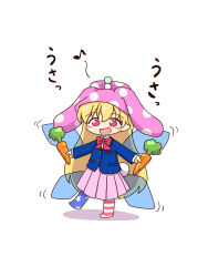 Rule 34 | 1girl, :d, absurdres, blonde hair, blue jacket, blush stickers, bow, bowtie, carrot, chibi, clownpiece, commentary request, fairy wings, food, full body, hat, highres, holding, holding food, jacket, moon rabbit, open mouth, pantyhose, pink hat, pink skirt, pleated skirt, red bow, red bowtie, red eyes, shitacemayo, simple background, skirt, smile, solo, standing, touhou, white background, wings