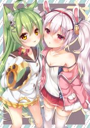 Rule 34 | 2girls, :3, ahoge, akashi (azur lane), animal ears, azur lane, bare shoulders, bell, black sailor collar, blush, bow, breasts, camisole, cat ears, cleavage, collarbone, commentary request, dress, green hair, hair between eyes, hair ornament, hairband, highres, jacket, jingle bell, kneehighs, laffey (azur lane), long hair, long sleeves, looking at viewer, multiple girls, off shoulder, open clothes, open jacket, parted lips, pink jacket, pleated skirt, rabbit ears, red bow, red eyes, red hairband, red skirt, sailor collar, sailor dress, silver hair, skirt, sleeves past fingers, sleeves past wrists, small breasts, socks, strap slip, suzunone rena, thighhighs, twintails, very long hair, white camisole, white dress, white legwear, wide sleeves, yellow eyes
