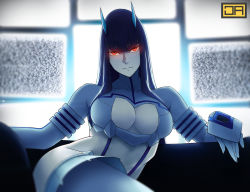 Rule 34 | 1girl, blunt bangs, blurry, blurry background, bodysuit, breasts, closed mouth, contrapposto, couch, depth of field, gloves, glowing, glowing eyes, head tilt, hime cut, horns, j adsen, kill la kill, kiryuuin satsuki, large breasts, limited palette, long hair, looking at viewer, red eyes, ringed eyes, sitting, smile, solo, static
