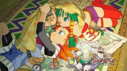 Rule 34 | 1990s (style), 1boy, 1girl, blue eyes, candle, carpet, compass, cup, feena (grandia), game arts, grandia, grandia i, green eyes, green hair, hair tubes, hat, hontani toshiaki, justin (grandia), layered sleeves, lying, map, miniskirt, on back, on stomach, one eye closed, orange hair, pointing, retro artstyle, skirt, striped clothes, striped thighhighs, teacup, tent, thighhighs, unworn hat, unworn headwear, wink