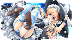 Rule 34 | 1girl, :d, ass, blonde hair, blue eyes, blue panties, breasts, cleavage, female focus, garter straps, hat, highres, kamiya tomoe, kirisame marisa, lace, lace-trimmed panties, lace trim, open mouth, panties, pantyshot, shoes, smile, solo, striped clothes, striped thighhighs, thighhighs, touhou, underwear, upskirt, witch hat, wrist cuffs, wristband