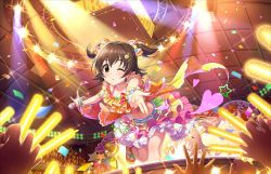 Rule 34 | 10s, 1girl, akagi miria, armband, belt, black hair, brown eyes, confetti, dress, glowstick, hair ornament, hairclip, idolmaster, idolmaster cinderella girls, idolmaster cinderella girls starlight stage, microphone, midriff, official art, one eye closed, out of frame, solo focus, twintails, two side up