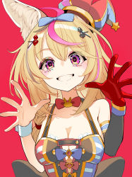 Rule 34 | 1girl, absurdres, ahoge, animal ear fluff, animal ears, bare shoulders, blonde hair, blue bow, blush, bow, breasts, cleavage, commentary, dress, facial mark, fox ears, gloves, grin, hair bow, hair ornament, hat, heart, heart-shaped pupils, heart hair ornament, highres, hololive, jester cap, kannougame, looking at viewer, medium breasts, multicolored clothes, multicolored dress, multicolored hair, omaru polka, omaru polka (1st costume), purple eyes, purple hair, red background, red gloves, simple background, single glove, single wrist cuff, smile, solo, streaked hair, symbol-shaped pupils, virtual youtuber, wrist cuffs