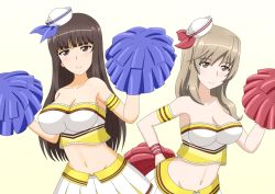 Rule 34 | armband, bare shoulders, blunt bangs, breasts, brown eyes, brown hair, cheerleader, cleavage, closed mouth, coco&#039;s, dixie cup hat, girls und panzer, hand on own hip, hat, hat ribbon, hime cut, hiromon, holding, holding pom poms, large breasts, leaning forward, long hair, looking at viewer, mature female, midriff, military hat, mini hat, miniskirt, navel, nishizumi shiho, pleated skirt, pom pom (cheerleading), pom poms, ribbon, shimada chiyo, shirt, side-by-side, skirt, smile, straight hair, strapless, tilted headwear, tube top, white headwear, white shirt, white skirt, wristband, yellow background