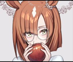 Rule 34 | 1girl, animal ears, apple, brown hair, commentary, covering own mouth, food, fruit, glasses, green eyes, haniwa (8241427), holding, holding food, holding fruit, horse ears, horse girl, ikuno dictus (umamusume), looking at viewer, multicolored hair, round eyewear, short hair, simple background, solo, streaked hair, symbol-only commentary, umamusume, upper body, white background, white hair