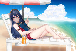 Rule 34 | 1girl, armlet, armpits, barefoot, beach, beach chair, beach umbrella, bikini, bikini shorts, blue bikini, blue eyes, blue hair, breasts, clenched hands, clenched teeth, day, feet, female focus, fire emblem, fire emblem awakening, fire emblem heroes, from side, full body, glass, hair between eyes, hand on own stomach, hand up, happy, highres, juice, knees up, kyogree, legs, long hair, looking at viewer, looking to the side, lucina (fire emblem), matching hair/eyes, midriff, navel, neck, nintendo, ocean, official alternate costume, orange juice, outdoors, parted lips, red-framed eyewear, shiny skin, shorts, sidelocks, sitting, slit pupils, small breasts, smile, soles, summer, sunglasses, swimsuit, tankini, teeth, thighs, tiara, toes, umbrella, v, vacation