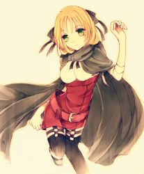 Rule 34 | 1girl, belt, belt skirt, black thighhighs, blonde hair, blush, breasts, cloak, closed mouth, estelle rosenthal, expressionless, frown, garter straps, green eyes, hair ribbon, hand up, high-waist skirt, impossible clothes, leaning, leg lift, leg up, looking at viewer, medium breasts, mole, mole under eye, parted bangs, pencil skirt, ribbon, simple background, skirt, solo, thighhighs, toaru majutsu no index, toaru majutsu no index gaiden: toaru kagaku no accelerator, traditional media, white background, yuo (yuogoro)