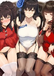 Rule 34 | 3girls, alternate costume, black hair, black panties, blunt bangs, blush, breasts, brown eyes, brown hair, brown legwear, china dress, chinese clothes, cleavage, cleavage cutout, closed mouth, clothes lift, clothing cutout, detached sleeves, double bun, dress, dress lift, dsr-50 (girls&#039; frontline), dsr-50 (red peony) (girls&#039; frontline), embarrassed, finger to mouth, flower, garter belt, garter straps, girls&#039; frontline, gloves, grin, hair between eyes, hair bun, hair flower, hair ornament, hairband, hews, highres, large breasts, lifted by self, long hair, looking at viewer, mole, mole under eye, multiple girls, official alternate costume, panties, parted lips, red dress, red eyes, shushing, side-tie panties, sidelocks, sitting, skindentation, sleeveless, sleeveless dress, sleeves past fingers, sleeves past wrists, smile, sweat, thighhighs, thighs, type 95 (girls&#039; frontline), type 95 (narcissus) (girls&#039; frontline), type 97 (girls&#039; frontline), type 97 (peony) (girls&#039; frontline), underwear, very long hair, white dress, white hairband, white legwear, yellow eyes