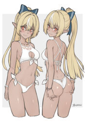 Rule 34 | 1girl, ass, ass support, bikini, blonde hair, blue bow, blush, bow, breasts, cleavage, cleavage cutout, closed mouth, clothing cutout, commentary, cropped legs, dan (kumadan), dark-skinned female, dark skin, elf, hair between eyes, hair bow, highres, hololive, long hair, looking at viewer, medium breasts, multicolored hair, multiple views, navel, pointy ears, ponytail, red eyes, shiranui flare, side-tie bikini bottom, smile, stomach, streaked hair, swimsuit, symbol-only commentary, very long hair, virtual youtuber, white bikini, white hair