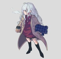 Rule 34 | 1girl, absurdres, ahoge, black footwear, blue scarf, blush, boots, brown coat, coat, commentary, cup, disposable cup, ear piercing, earrings, full body, grey background, grey eyes, hand in pocket, high heel boots, high heels, highres, holding, holding cup, ishigami nozomi, jewelry, kashikaze, knit sweater, long hair, long sleeves, multicolored hair, nail polish, necklace, nijisanji, open clothes, open coat, piercing, red hair, red nails, red sweater, scarf, sidelocks, simple background, solo, streaked hair, sweater, two-tone hair, unmoving pattern, unworn scarf, virtual youtuber, white hair