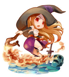 Rule 34 | 1girl, ass, bare shoulders, breasts, brown hair, chibi, detached sleeves, dragon&#039;s crown, dress, fire, hat, hirai yukio, long hair, medium breasts, pectorals, red eyes, red hair, side slit, skull, solo, sorceress (dragon&#039;s crown), staff, strapless, strapless dress, sword, weapon, witch hat