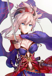Rule 34 | 1girl, blue eyes, breasts, cleavage, clothing cutout, collarbone, earrings, fate/grand order, fate (series), floating hair, grey background, hair between eyes, head tilt, highres, holding, holding sword, holding weapon, jewelry, katana, long hair, looking at viewer, medium breasts, mian.h, miyamoto musashi (fate), miyamoto musashi (third ascension) (fate), navel, navel cutout, necklace, pink hair, ponytail, sheath, simple background, smile, solo, sword, upper body, weapon