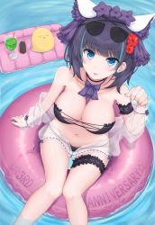 Rule 34 | 1girl, :3, absurdres, animal ears, anniversary, aqua hair, arm cuffs, azur lane, bikini, black bikini, black hair, blue eyes, blush, bow, bowtie, breasts, cheshire (azur lane), cheshire (summery date!) (azur lane), cleavage, closed mouth, commentary, cup, drink, drinking straw, eyewear on head, fake animal ears, feet out of frame, frills, from above, hair ornament, highres, innertube, jacket, knees together feet apart, looking at viewer, manjuu (azur lane), medium breasts, medium hair, multicolored hair, navel, official alternate costume, open clothes, open jacket, partially unzipped, paw pose, purple bow, purple bowtie, ripples, see-through, see-through jacket, sitting, smile, solo, star (symbol), star hair ornament, stomach, streaked hair, sunglasses, swim ring, swimsuit, thigh strap, tongue, tongue out, tu (to sse), two-tone hair, water, white jacket, zipper