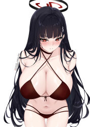 Rule 34 | 1girl, absurdres, amai-pai, bikini, black choker, black hair, blue archive, blush, breasts, brown bikini, choker, cleavage, closed mouth, halo, highres, large breasts, looking at viewer, navel, red eyes, red halo, rio (blue archive), simple background, solo, swimsuit, white background
