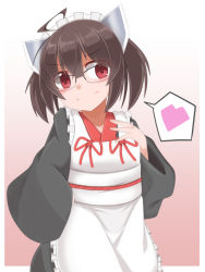 Rule 34 | 1girl, ahoge, ao (aoblueao), apron, black kimono, brown background, brown hair, closed mouth, commentary request, frilled apron, frills, gradient background, hair between eyes, hand up, head tilt, headgear, heart, japanese clothes, kimono, long sleeves, maid, maid apron, maid headdress, red ribbon, ribbon, smile, solo, spoken heart, touhoku kiritan, two-tone background, voiceroid, wa maid, white apron, white background, wide sleeves