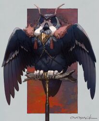 Rule 34 | animal, animal focus, artist name, bird, border, chest harness, clothed animal, commentary, constricted pupils, feather boa, full body, grey border, harness, highres, horned owl, looking at viewer, murayama ryota, no humans, original, outside border, owl, perching, red eyes, signature, solo, talons, tassel