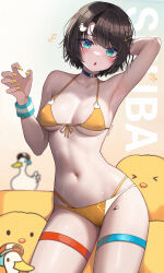 Rule 34 | 1girl, absurdres, armpits, bare shoulders, bikini, black choker, black hair, blue eyes, blush, breasts, choker, collarbone, commentary request, front-tie bikini top, front-tie top, hair ornament, halterneck, highleg, highleg swimsuit, highres, hololive, kkato, looking at viewer, medium breasts, navel, oozora subaru, open mouth, presenting armpit, short hair, sideboob, solo, stomach, string bikini, subaru duck, swept bangs, swimsuit, thigh strap, thighs, underboob, virtual youtuber, yellow nails