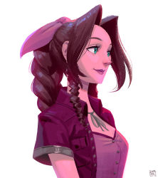 Rule 34 | 1girl, aerith gainsborough, artist name, braid, braided ponytail, breasts, brown hair, choker, curly hair, dress, final fantasy, final fantasy vii, final fantasy vii remake, green eyes, hair ribbon, highres, jacket, leandro franci, long hair, looking to the side, medium breasts, parted bangs, pink dress, pink ribbon, portrait, red jacket, ribbon, ribbon choker, short sleeves, sidelocks, smile, solo, upper body, white background