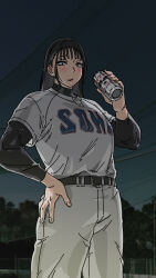 1girl absurdres agawa_sensei_(strikeout_pitch) alcohol asahi_breweries baseball_field baseball_jersey baseball_uniform beer_can belt black_belt black_eyes black_hair black_undershirt blush can choppy_bangs clothes_writing coach commentary drink_can from_behind hand_on_own_hip hand_up highres holding holding_can jersey layered_sleeves long_hair long_sleeves looking_at_viewer mole mole_under_eye night outdoors pants parted_lips print_shirt rarirulero sanpaku shirt shirt_tucked_in short_over_long_sleeves short_sleeves sidelocks sky solo sportswear strikeout_pitch turtleneck turtleneck_shirt undershirt white_pants white_shirt