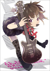 Rule 34 | 1girl, bad id, bad pixiv id, bracelet, brown hair, electric guitar, guitar, instrument, jewelry, leaning forward, maejima, mouth hold, original, paper, plectrum, purple eyes, shoes, short hair, short sleeves, solo, thighhighs, zettai ryouiki
