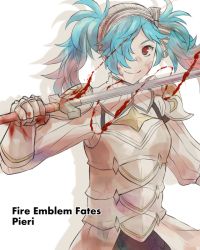 Rule 34 | 1girl, armor, blood, blue hair, bow, character name, copyright name, fire emblem, fire emblem fates, gauntlets, gloves, hair over one eye, hairband, long hair, multicolored hair, nintendo, peri (fire emblem), pink hair, red hair, simple background, solo, sword, tico, twintails, two-tone hair, upper body, weapon, white background
