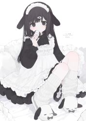 Rule 34 | 1girl, 33bun3, absurdres, animal ears, animal slippers, apron, black dress, brown eyes, brown hair, commentary, commission, commissioner name, dog, dog ears, dog girl, dog slippers, dress, frilled dress, frilled pillow, frilled skirt, frills, full body, hair ornament, hairclip, hand to own mouth, highres, holding, holding stuffed toy, leg warmers, legs up, light frown, long hair, looking at viewer, maid, maid apron, maid headdress, on bed, original, pillow, skeb commission, skirt, slippers, solo, stuffed toy, tearing up, thank you, twitter username, white background