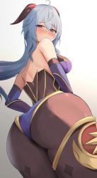 Rule 34 | 1girl, ahoge, ass, bare shoulders, black pantyhose, blue hair, blush, breasts, cosplay, elbow gloves, embarrassed, from behind, from below, ganyu (genshin impact), genshin impact, gloves, horns, houraku, huge ass, large breasts, leotard, long hair, looking at viewer, looking back, looking down, mona (genshin impact), mona (genshin impact) (cosplay), pantyhose, purple eyes, shiny clothes, sideboob, skin tight, solo, thighlet, very long hair