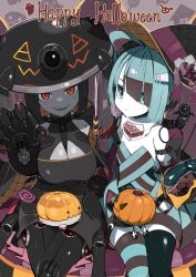 Rule 34 | 2girls, :d, absurdres, ahoge, android, asymmetrical legwear, black hair, blue dress, blue eyes, blue hair, breasts, brown hair, claw pose, colored skin, commentary, dress, english commentary, english text, flat chest, grey skin, hair over one eye, halloween, hat, highres, huge ahoge, humanoid robot, jack-o&#039;-lantern, jingasa, joints, large breasts, multicolored hair, multiple girls, open mouth, original, red eyes, robot, robot joints, sharp teeth, smile, suzukou, teeth, thighhighs, two-tone hair, white skin, witch hat