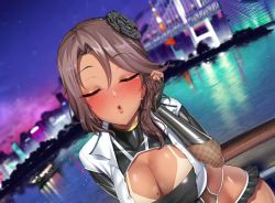 Rule 34 | 1girl, action taimanin, belt, blush, boots, breasts, brown hair, city, cleavage, closed eyes, dark-skinned female, dark skin, embarrassed, fingerless gloves, game cg, gloves, green eyes, gyaru, highleg, highleg leotard, impossible clothes, impossible leotard, incoming kiss, kiss, large breasts, leotard, lilith-soft, lips, looking at viewer, medium hair, miniskirt, night, night sky, open clothes, open mouth, open shirt, shiny skin, shirt, sian, skin tight, skirt, sky, solo, sweat, taimanin (series), taimanin asagi, tan, tanline, tekkain koharu, thong leotard, tied shirt, water, wide hips