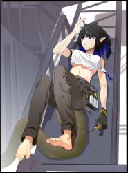 Rule 34 | 1girl, absurdres, arknights, barefoot, black hair, blue eyes, blue hair, blue nails, closed mouth, colored inner hair, crop top, eunectes (arknights), feet, gloves, hand in own hair, highres, lizard tail, lying, medium hair, multicolored hair, nail polish, on back, outdoors, pants, pointy ears, reptile girl, shirt, short sleeves, soles, solo, spread toes, stairs, tail, toenail polish, toenails, toes, white shirt, yellow nails, ziyuechen