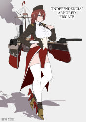 Rule 34 | 10s, 1girl, armor, artist name, blue eyes, braid, breasts, brooch, buttons, cannon, character name, doctor zexxck, female focus, flag, flat color, frigate independencia, from side, full body, garrison cap, greaves, hand on own hip, hand on own chest, hat, high heels, highres, jewelry, kantai collection, large breasts, light smile, long hair, long sleeves, looking at viewer, machinery, original, pelvic curtain, peru, red hair, shadow, simple background, single braid, skirt, smile, solo, thighhighs, thighs, underbust, uniform, weapon, white background, white thighhighs
