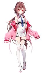 Rule 34 | 1girl, absurdres, bike shorts, black shorts, blue necktie, boots, brown hair, closed mouth, detached collar, dress, full body, hair between eyes, headphones, headphones around neck, highres, indie virtual youtuber, inuimahirocha, jacket, long hair, looking at viewer, necktie, off shoulder, open clothes, open jacket, red eyes, ria a.i. voice, shorts, simple background, smile, solo, standing, thigh boots, thigh strap, very long hair, virtual youtuber, white background, white dress, white footwear