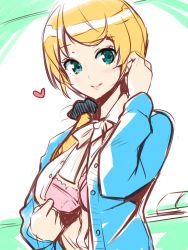 Rule 34 | 1girl, adjusting hair, blonde hair, blue eyes, blue jacket, bra, breasts, cleavage, clothes pull, collared shirt, ellen baker, heart, jacket, lips, lipstick, long hair, looking at viewer, low-tied long hair, makeup, neck ribbon, new horizon, nylon (nylon 100%), ribbon, scrunchie, shirt, shirt pull, sketch, smile, solo, underwear, upper body