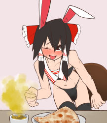 Rule 34 | 1boy, animal ears, bandeau, black eyes, black hair, black panties, black thighhighs, blush, bow, bulge, commentary request, cookie (touhou), cowboy shot, cup, food, frilled bow, frilled hair tubes, frills, grey eyes, hair bow, hair tubes, hakurei reimu, highres, holding, holding tray, long hair, looking at viewer, male focus, mugi (cookie), navel, nose blush, one eye closed, open mouth, panties, plate, rabbit ears, red bow, sailor collar, scotch (cookie), simple background, solo, thighhighs, tongue, tongue out, touhou, trap, tray, underwear