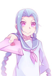 Rule 34 | 1girl, absurdres, blue hair, blush, braid, closed mouth, collarbone, female focus, heart, highres, jinx (league of legends), league of legends, letter, long hair, long sleeves, looking at viewer, love letter, school uniform, serafuku, simple background, smile, solo, white background, zhainan s-jun