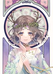 Rule 34 | 1girl, branch, breasts, brown eyes, brown hair, chano hinano, cleavage, collarbone, commentary request, dress, flower, hand up, long sleeves, original, parted bangs, parted lips, purple flower, short hair, small breasts, smile, solo, upper body, white dress, white flower, wide sleeves
