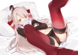 Rule 34 | 1girl, ama mitsuki, amatsukaze (kancolle), black panties, bow, bow panties, commentary request, flat chest, foreshortening, garter straps, gloves, grey hair, hairband, hand to own mouth, hat, kantai collection, legs up, long hair, lying, mini hat, navel, on back, panties, purple eyes, red thighhighs, revision, sailor collar, solo, suspenders, thighhighs, two side up, underwear, white gloves