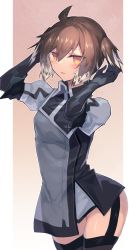 Rule 34 | 1girl, arknights, arms up, black gloves, blush, brown hair, commentary request, cowboy shot, feather hair, garter straps, gloves, hair between eyes, highres, long sleeves, looking at viewer, multicolored hair, no headwear, parted lips, plume (arknights), sasa onigiri, short hair, solo, thighhighs, thighs, two-tone hair