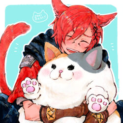 Rule 34 | 1boy, :d, animal, animal ears, animal hug, cat, cat ears, cat tail, closed eyes, dated, fat cat (ff14), final fantasy, final fantasy xiv, g&#039;raha tia, hug, itowo (itowc), male focus, miqo&#039;te, open mouth, red hair, smile, solo, tail