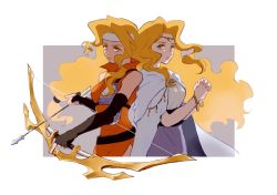 2girls blonde_hair brigid_(fire_emblem) brown_eyes cape circlet dress edain_(fire_emblem) fingerless_gloves fire_emblem fire_emblem:_genealogy_of_the_holy_war gloves headband long_hair multiple_girls nintendo siblings sisters twins weapon wnk_50