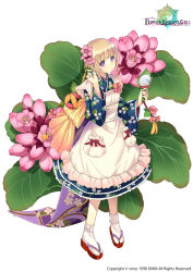 Rule 34 | 1girl, bergenia (flower knight girl), blonde hair, bow, city forest online, copyright name, dress, floral print, flower, flower knight girl, full body, hair flower, hair ornament, looking at viewer, name connection, object namesake, official art, purple eyes, red bow, sandals, short hair, socks, solo, standing, white background, white bow