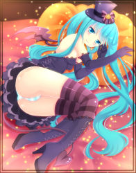 Rule 34 | 1girl, aqua eyes, aqua hair, ass, boots, cross-laced footwear, demon tail, demon wings, elbow gloves, gloves, hat, hatsune miku, high heel boots, high heels, lace-up boots, long hair, lying, md5 mismatch, mofumofu (minidora-dorara), on side, panties, pantyshot, resolution mismatch, skirt, solo, source larger, striped clothes, striped panties, striped thighhighs, tail, thighhighs, top hat, twintails, underwear, upskirt, very long hair, vocaloid, wings