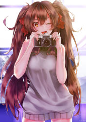 Rule 34 | 1girl, ;d, absurdres, brown hair, camera, eyebrows, girls&#039; frontline, hair between eyes, hair ribbon, highres, long hair, looking at viewer, meme attire, messy hair, nishiro ryoujin, one eye closed, open mouth, ribbon, smile, solo, sweater, twintails, type 97 (girls&#039; frontline), virgin killer sweater, yellow eyes