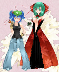 Rule 34 | &gt; &lt;, 2girls, alternate costume, aoshima, bare shoulders, baseball cap, blue hair, bow, breasts, center opening, cleavage, dress, elbow gloves, closed eyes, female focus, floral background, flower, frills, front ponytail, gloves, green eyes, green hair, hair bobbles, hair bow, hair ornament, hair ribbon, hat, heart, heart of string, highres, impossible clothes, kagiyama hina, kawashiro nitori, leaf, maple leaf, medium breasts, multiple girls, navel, open mouth, pants, ribbon, short twintails, small breasts, smile, string, string of fate, tank top, touhou, twintails, two side up, wrench