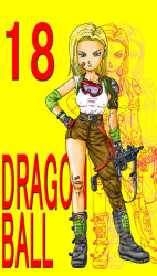 Rule 34 | 1girl, android 18, bad id, bad pixiv id, bandaid, bandaid on face, blonde hair, blue eyes, boots, breasts, contrapposto, copyright name, covered erect nipples, dragon ball, dragonball z, earrings, frown, full body, gloves, goggles, goggles around neck, gun, hand on own hip, jewelry, looking at viewer, short hair, simple background, solo, standing, tororo ps, weapon, yellow background