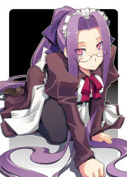 Rule 34 | 00s, 1girl, all fours, fate/stay night, fate (series), female focus, glasses, gradient background, grey background, long hair, looking at viewer, maid, maid headdress, medusa (fate), medusa (rider) (fate), official alternate costume, pink eyes, purple hair, slit pupils, solo, toruneko, very long hair