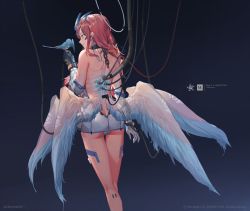 Rule 34 | 1girl, android, arm at side, artist name, ass, bare back, bare shoulders, bird, black gloves, blue background, blue eyes, butt crack, cable, chain, closed mouth, collar, earclip, feathered wings, from behind, gloves, gradient background, headgear, highres, long hair, low wings, miv4t, multiple wings, original, profile, purple background, red hair, science fiction, shoulder blades, smile, solo, standing, subdermal port, thigh gap, white wings, wings