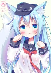 Rule 34 | 1girl, :o, anchor symbol, animal ears, black hat, blue eyes, blue hair, blush, commentary request, dated, esureki, flat cap, hair between eyes, hands up, hat, hibiki (kancolle), highres, kantai collection, kemonomimi mode, long hair, long sleeves, looking at viewer, neckerchief, parted lips, red neckerchief, school uniform, serafuku, shirt, signature, solo, tail, very long hair, white shirt, wolf ears, wolf girl, wolf tail
